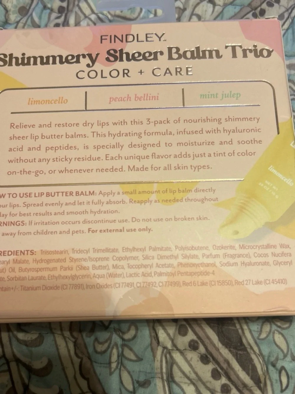 Findley Shimmery Sheer Balm Trio — Peach Bellini, Limoncello & Mint Julep